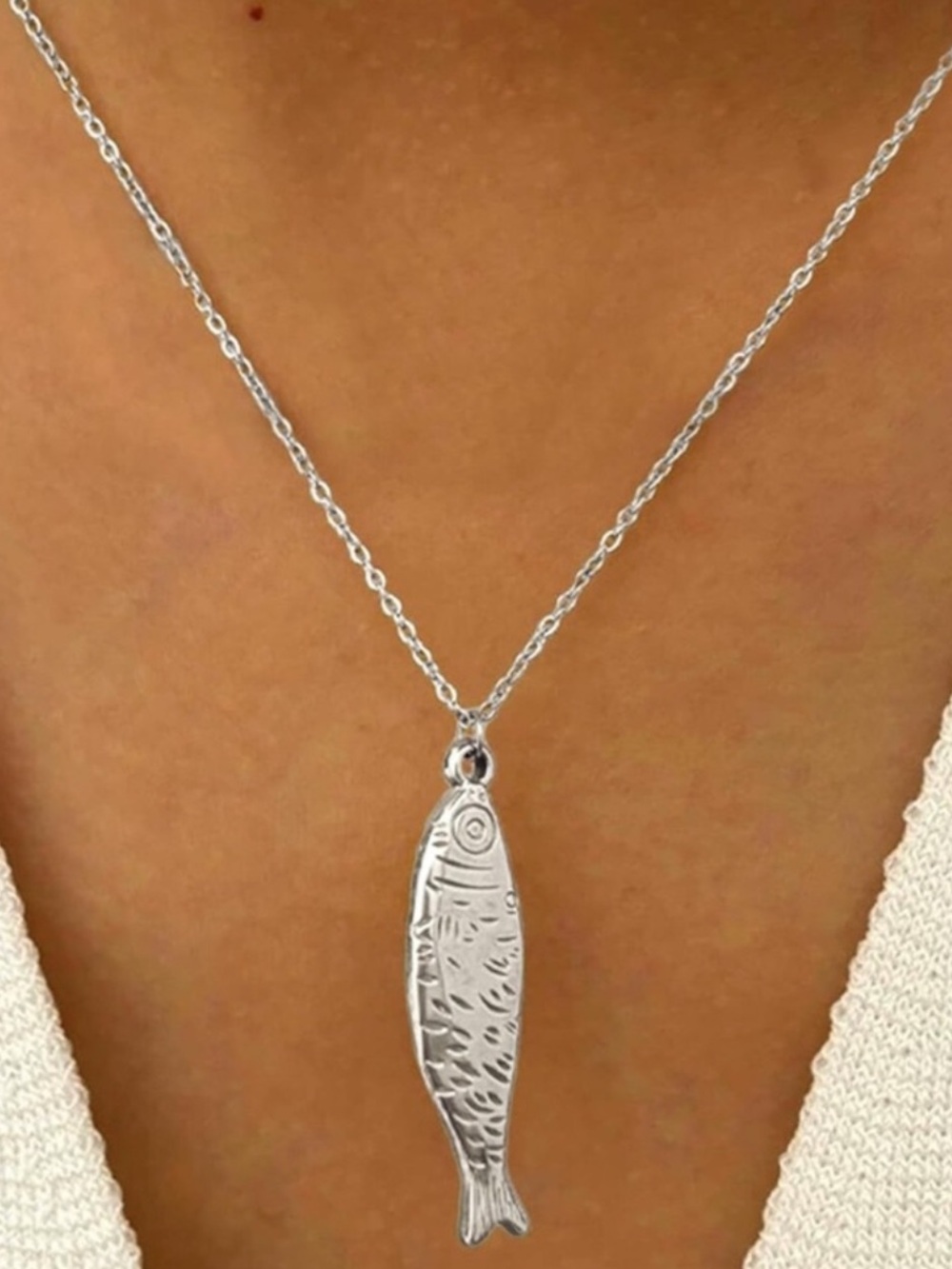 Skinny Silver Fish Pendant Necklace new